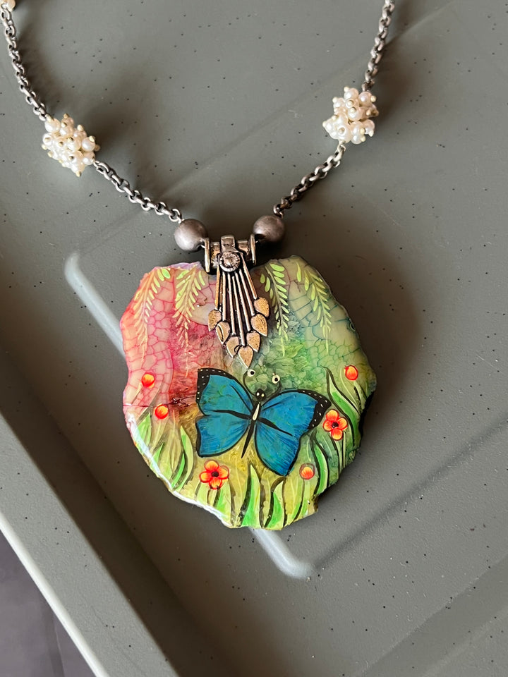 Hand-Painted Agate Stone Necklace with Pearl Clustered String | Statement Jewelry