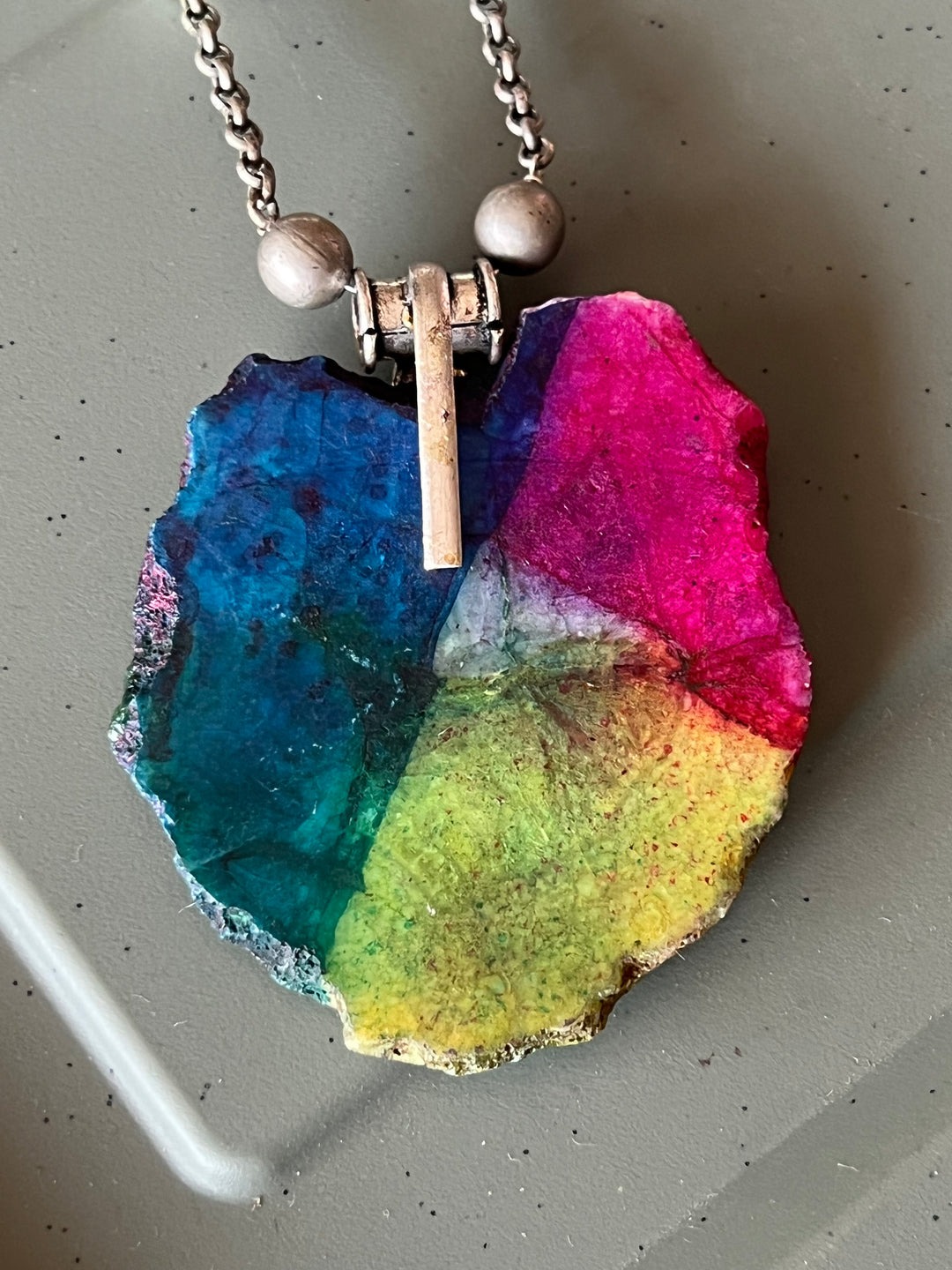 Hand-Painted Agate Stone Necklace with Pearl Clustered String | Statement Jewelry