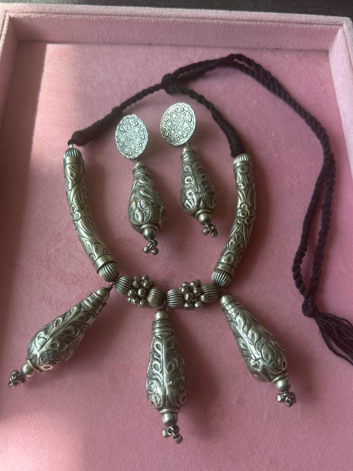 Handmade Tribal Antique Brass Necklace & Earrings Set | Adjustable Dori Statement Jewelry