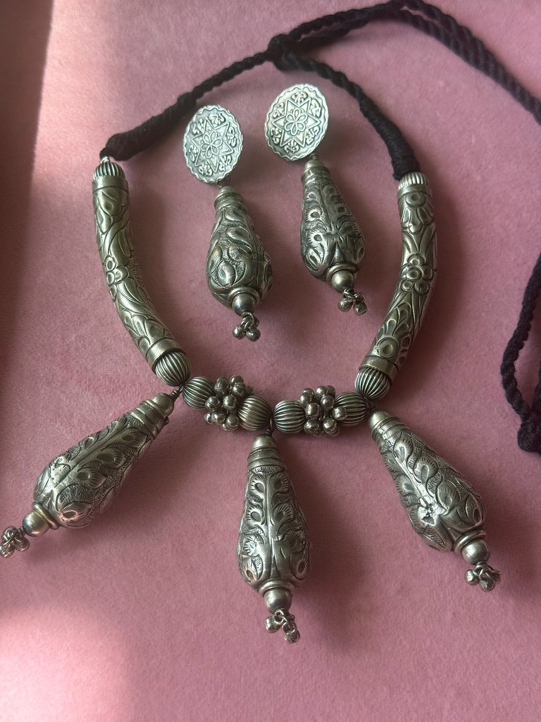 Handmade Tribal Antique Brass Necklace & Earrings Set | Adjustable Dori Statement Jewelry