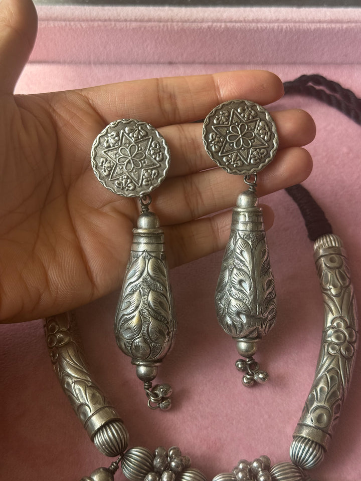 Handmade Tribal Antique Brass Necklace & Earrings Set | Adjustable Dori Statement Jewelry