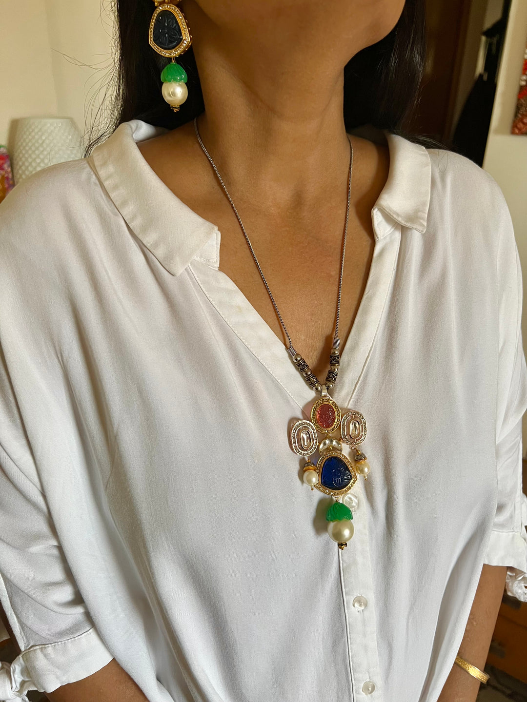 Pendant Long Necklace with Statement Earrings