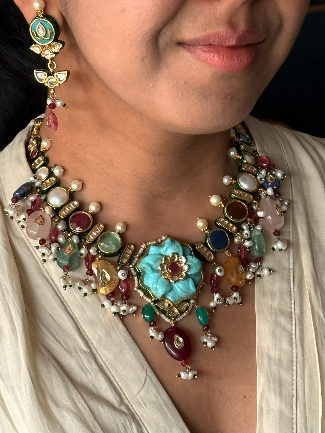 Semi-Precious Stone Kundan Necklace Set | SHIVKA