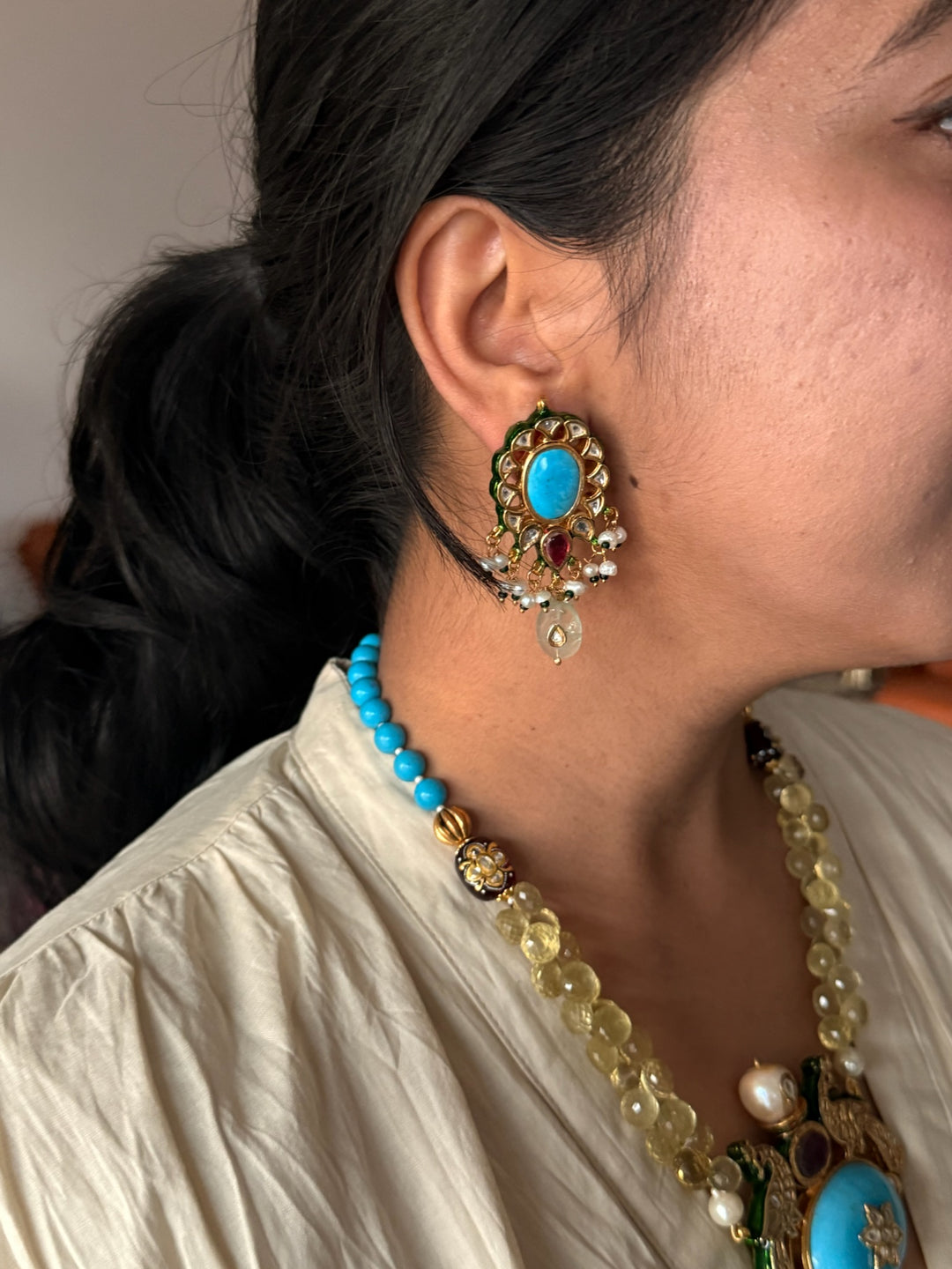 SHIVKA Semi-Precious Stone Necklace Set | Turquoise Citrine Kundan