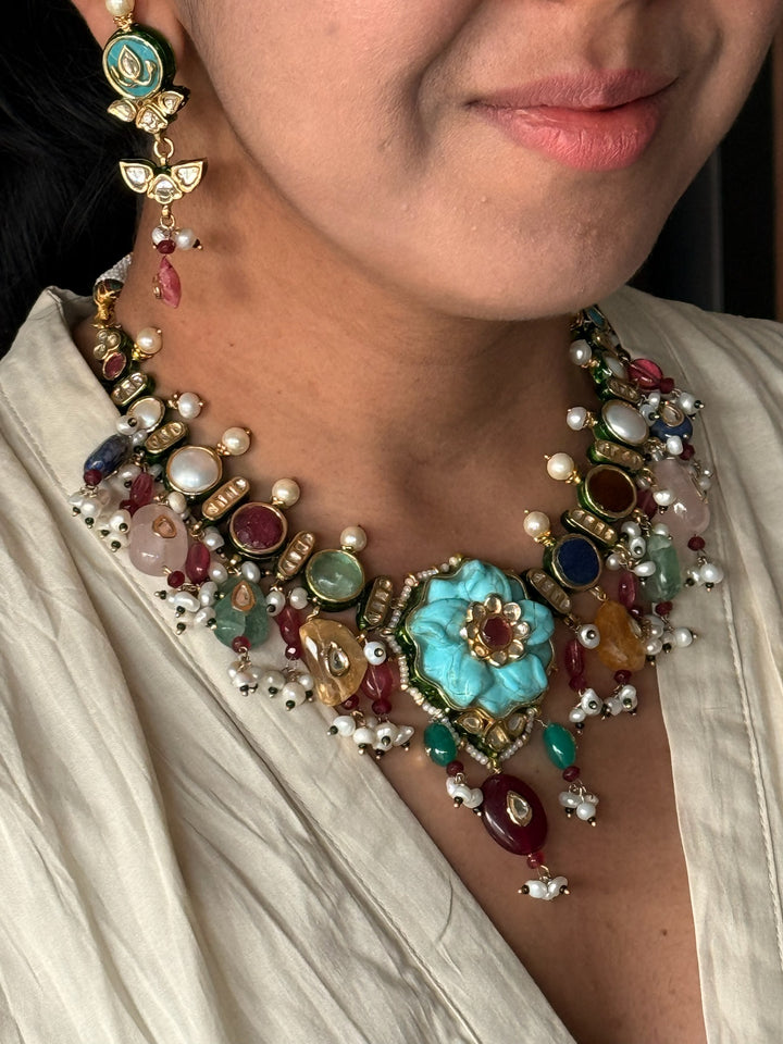 Semi-Precious Stone Kundan Necklace Set | SHIVKA