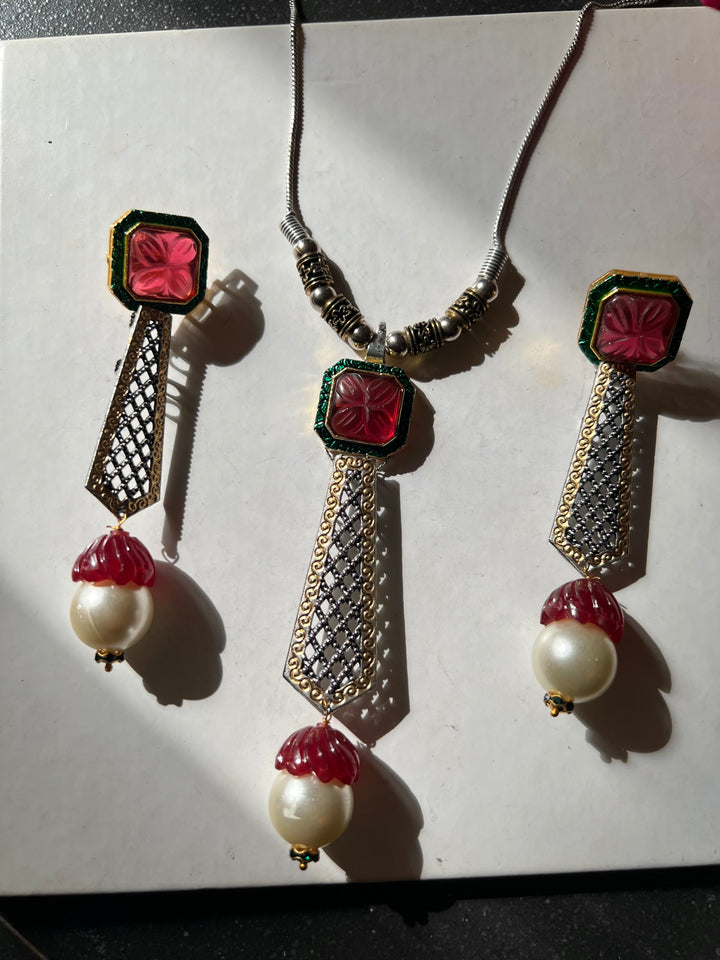Pendant Long Necklace with Statement Earrings