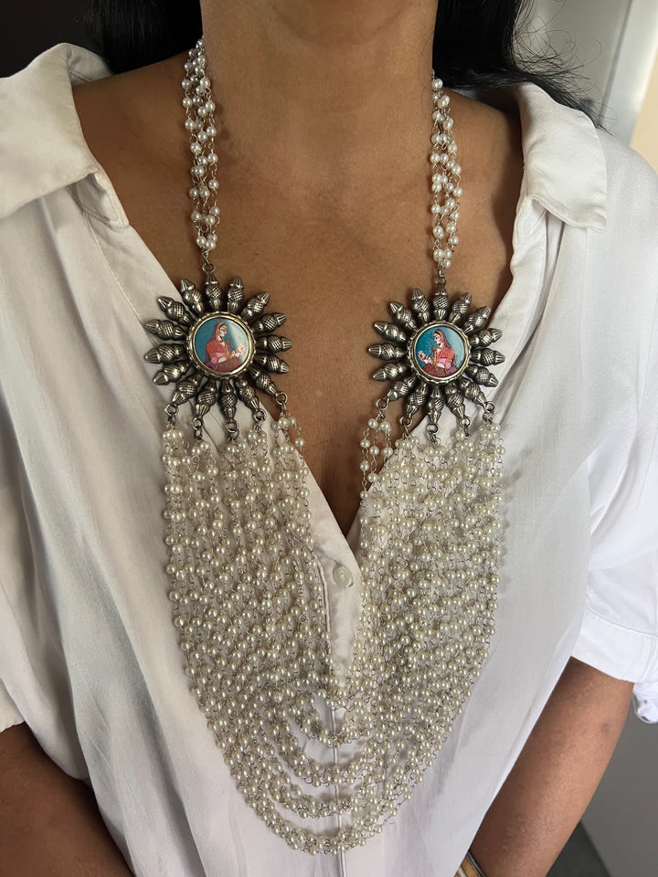 Antique Oxidized Necklace with Hand painted Brooches | Festive Elegance by SHIVKA