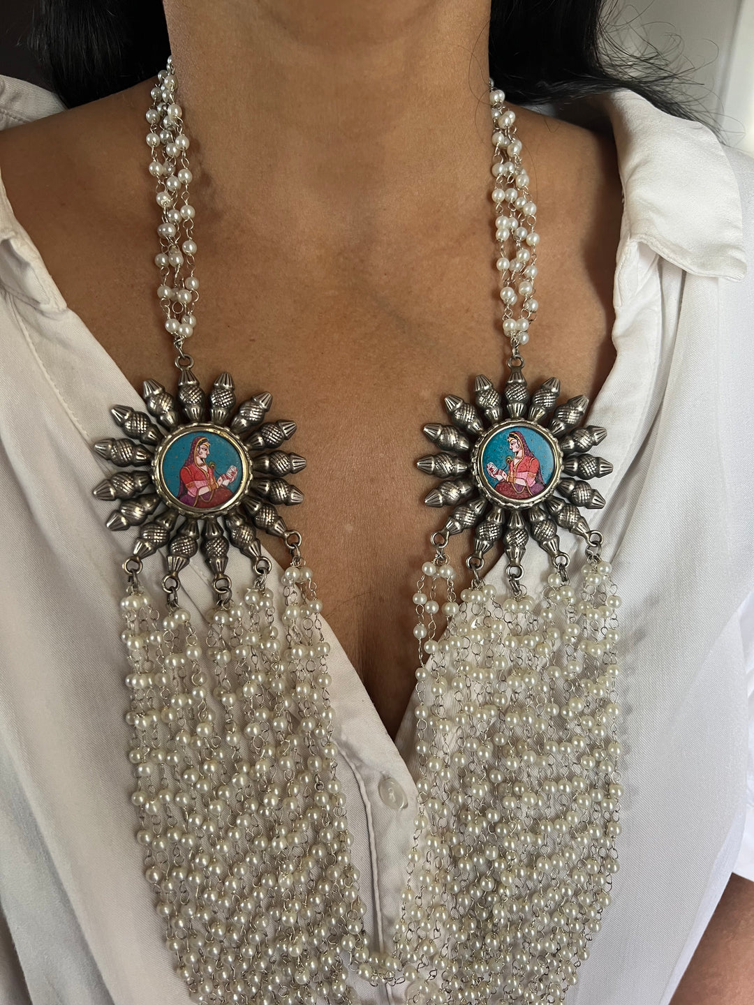 Antique Oxidized Necklace with Hand painted Brooches | Festive Elegance by SHIVKA