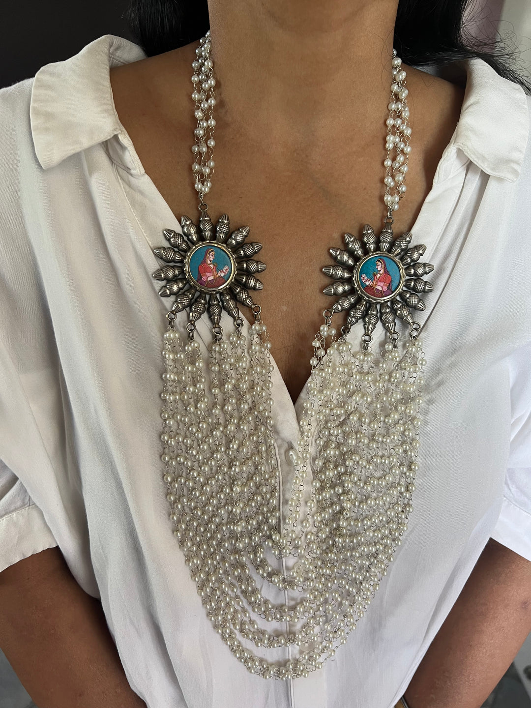 Antique Oxidized Necklace with Hand painted Brooches | Festive Elegance by SHIVKA