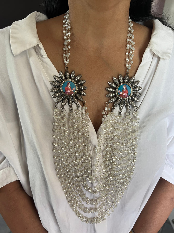 Antique Oxidized Necklace with Hand painted Brooches | Festive Elegance by SHIVKA