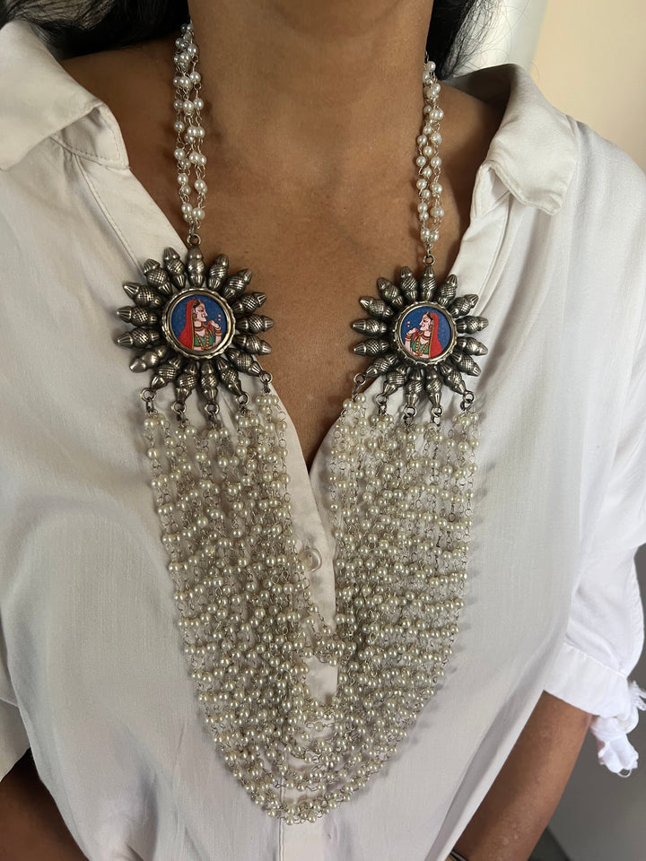 Antique Oxidized Necklace with Hand painted Brooches | Festive Elegance by SHIVKA