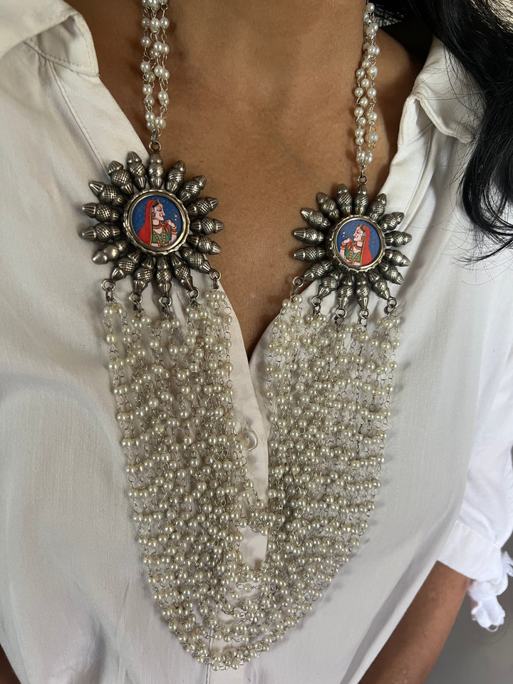 Antique Oxidized Necklace with Hand painted Brooches | Festive Elegance by SHIVKA