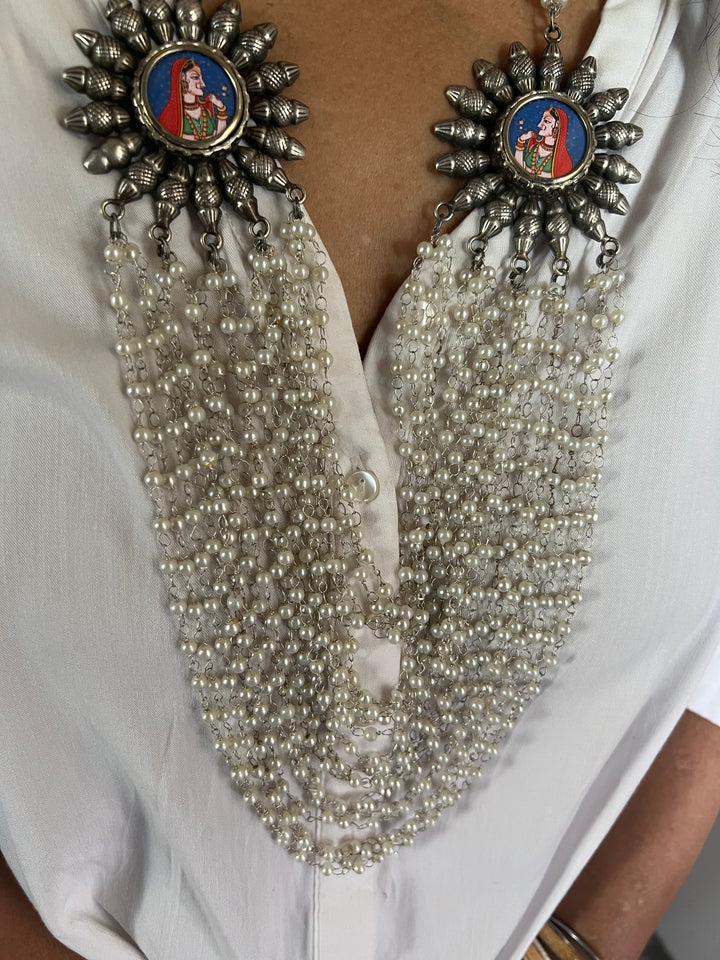 Antique Oxidized Necklace with Hand painted Brooches | Festive Elegance by SHIVKA