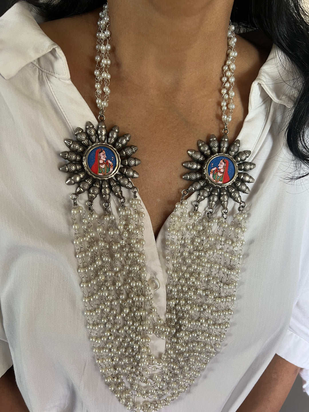 Antique Oxidized Necklace with Hand painted Brooches | Festive Elegance by SHIVKA