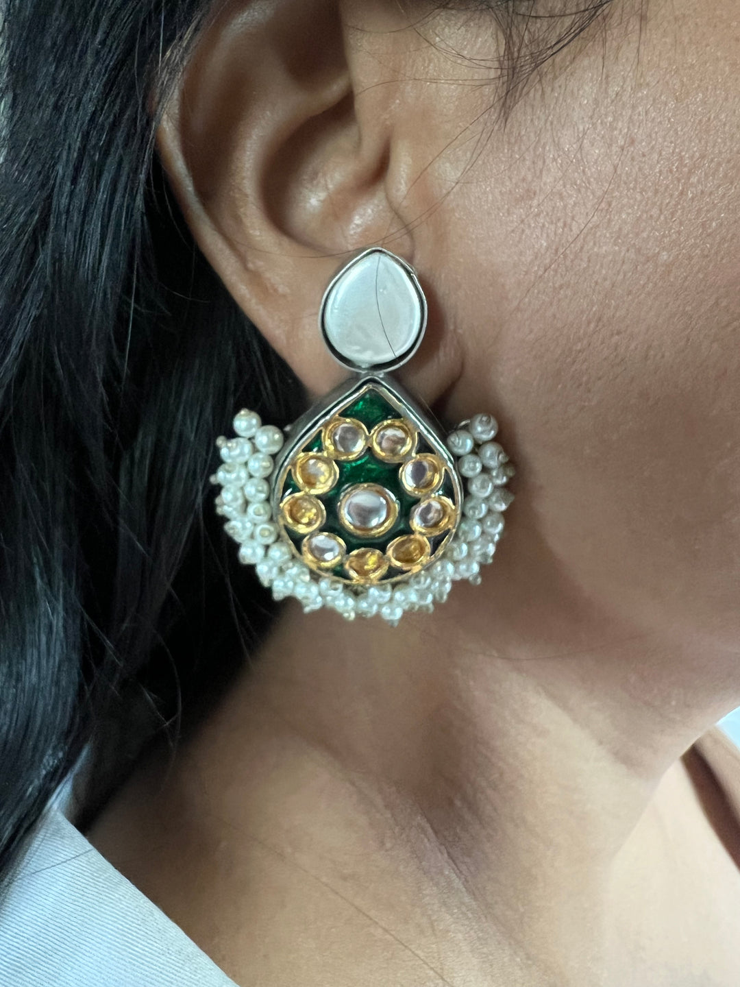 Designer Pearl & Kundan Stud Earrings | Elegant Gold Finish