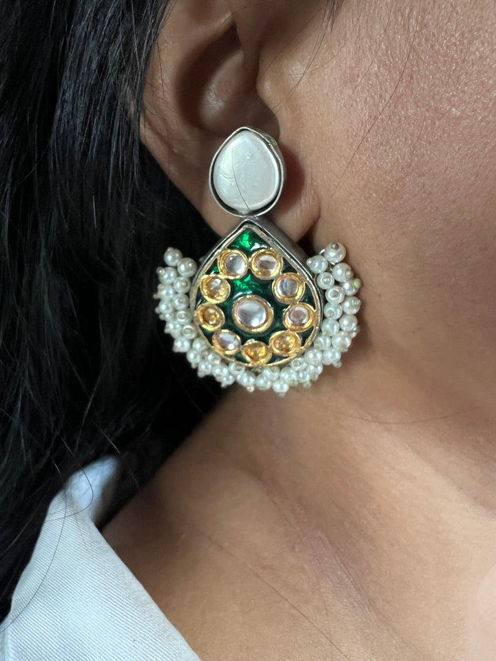 Designer Pearl & Kundan Stud Earrings | Elegant Gold Finish