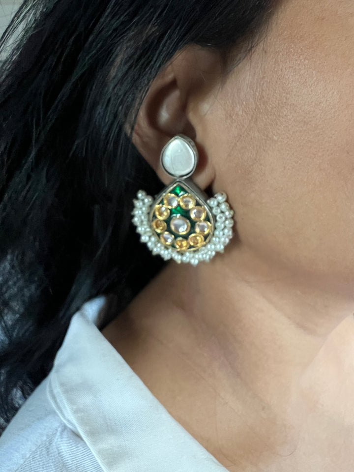 Designer Pearl & Kundan Stud Earrings | Elegant Gold Finish