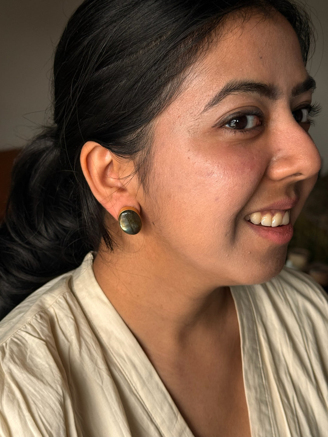 SHIVKA Labradorite Gold Studs | Natural Stone Earrings | Evening Glam