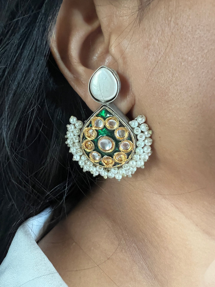 Designer Pearl & Kundan Stud Earrings | Elegant Gold Finish