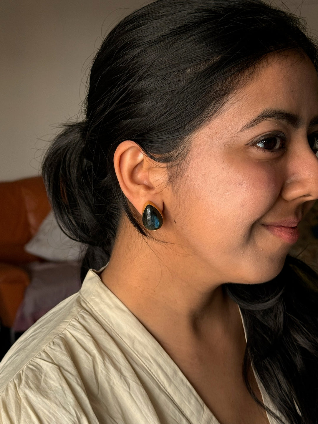 SHIVKA Labradorite Gold Studs | Natural Stone Earrings | Evening Glam