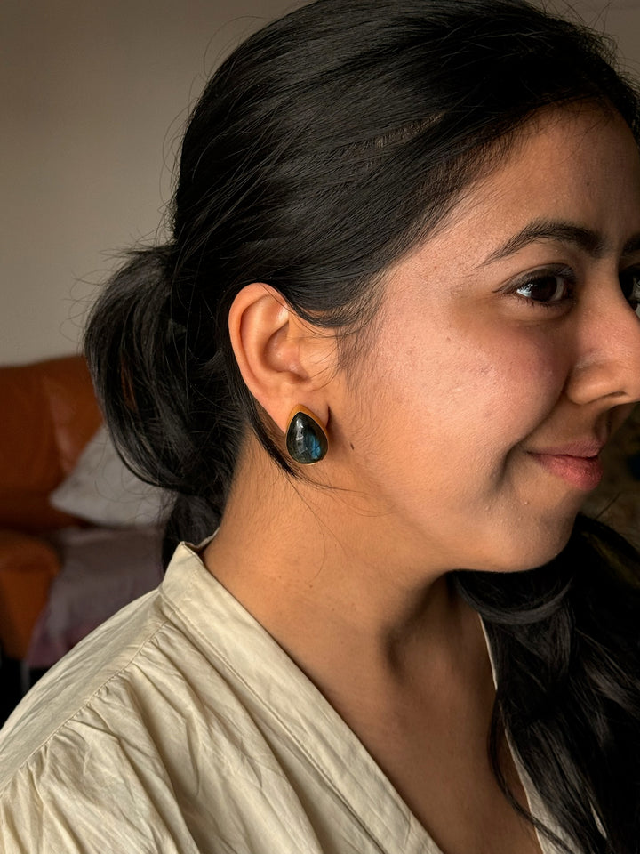 SHIVKA Labradorite Gold Studs | Natural Stone Earrings | Evening Glam