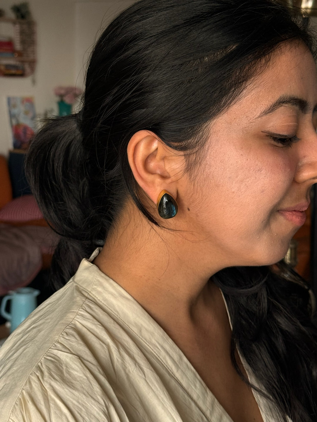 SHIVKA Labradorite Gold Studs | Natural Stone Earrings | Evening Glam