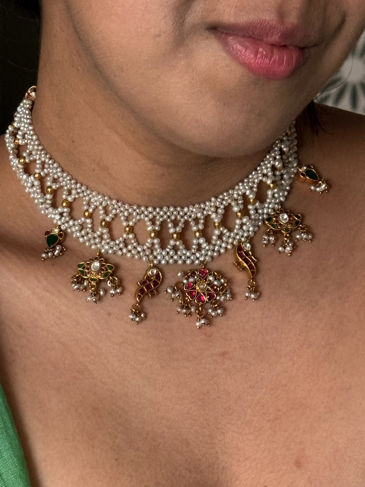Elegant Pearl 925 Silver Jadau Kundan Necklace | SHIVKA