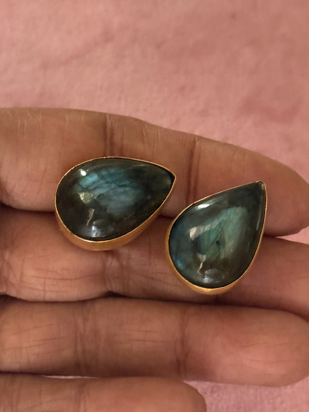 SHIVKA Labradorite Gold Studs | Natural Stone Earrings | Evening Glam