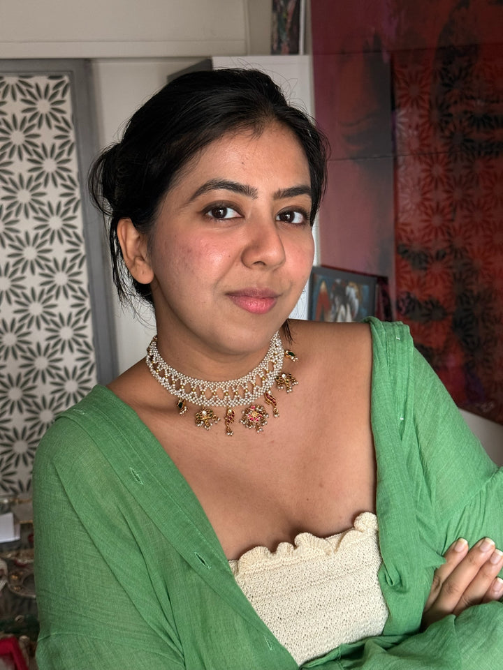 Elegant Pearl 925 Silver Jadau Kundan Necklace | SHIVKA