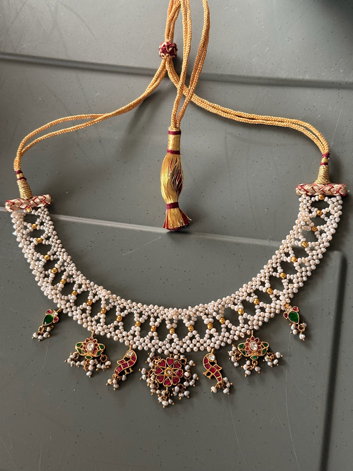 Elegant Pearl 925 Silver Jadau Kundan Necklace | SHIVKA