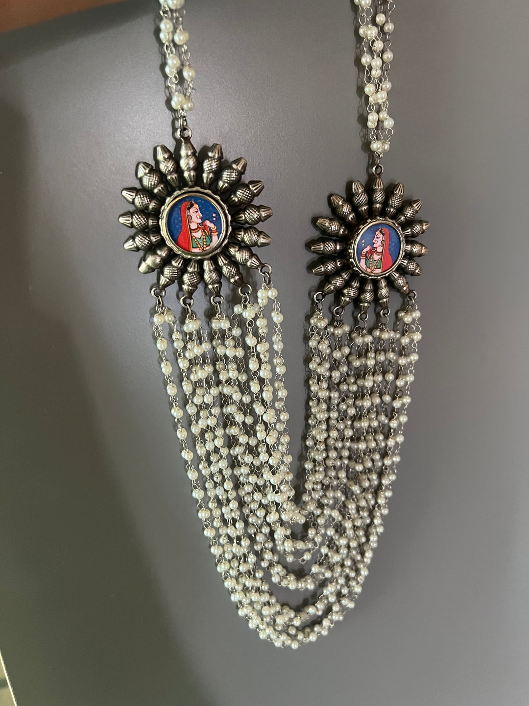 Antique Oxidized Necklace with Hand painted Brooches | Festive Elegance by SHIVKA