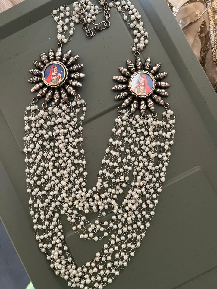 Antique Oxidized Necklace with Hand painted Brooches | Festive Elegance by SHIVKA