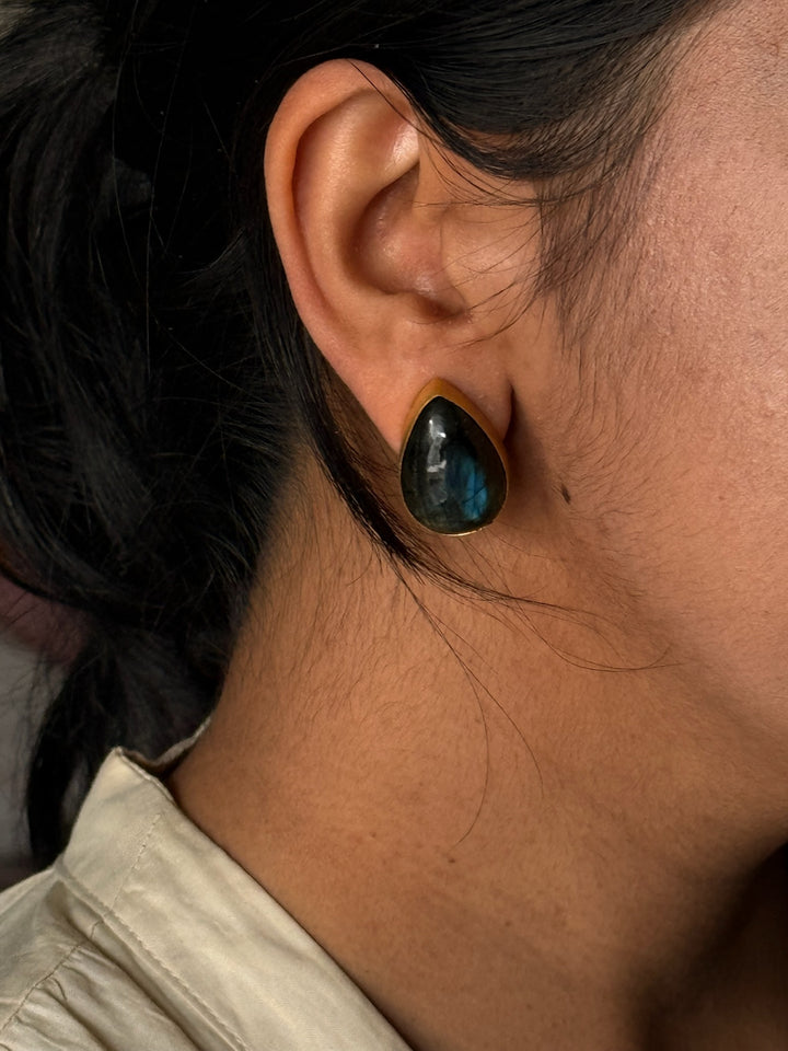SHIVKA Labradorite Gold Studs | Natural Stone Earrings | Evening Glam