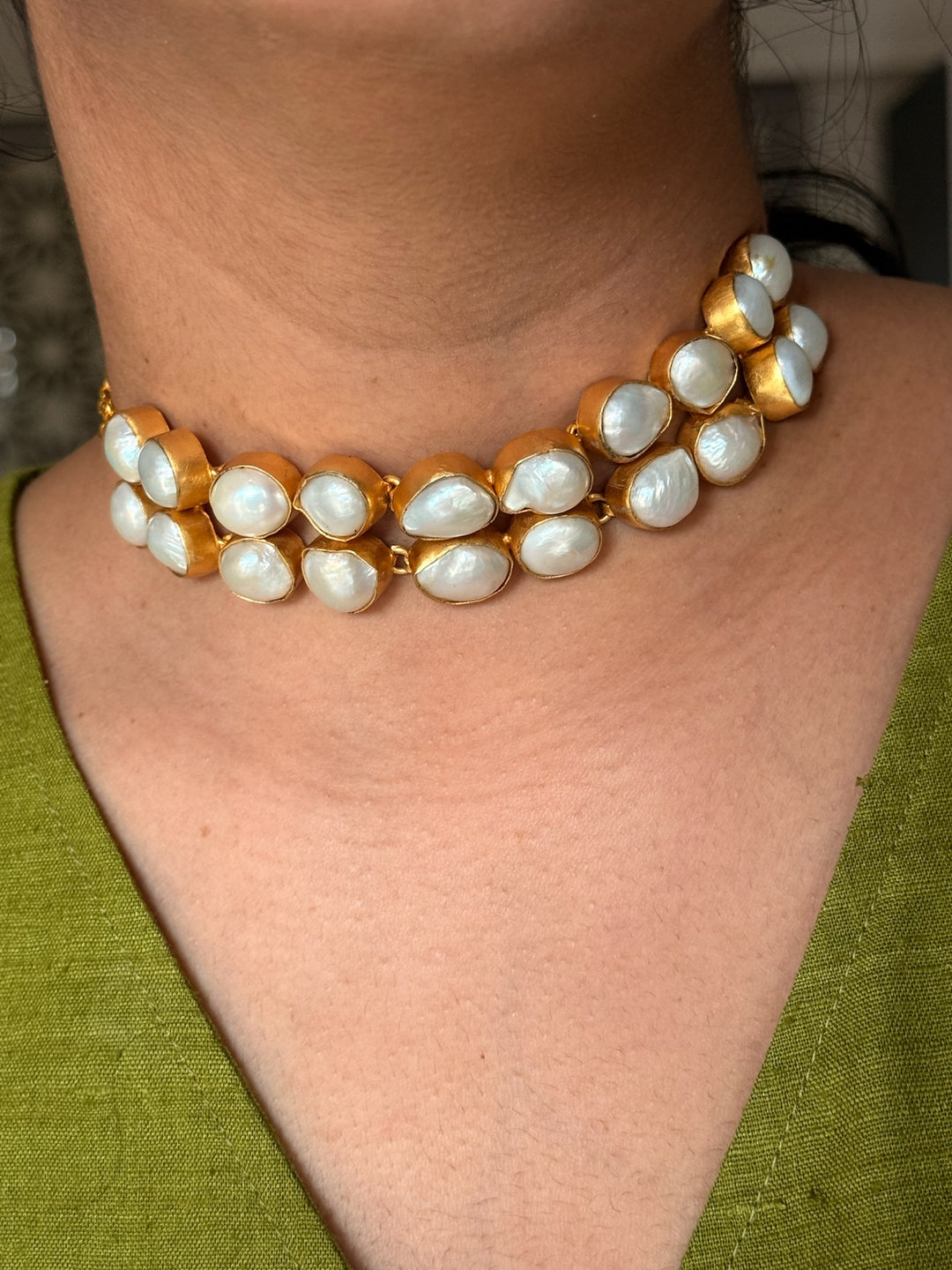 Pearl Choker Necklace | Gold Polish | Adjustable Fit