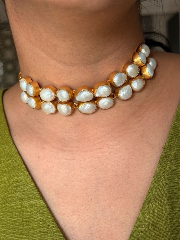 Pearl Choker Necklace | Gold Polish | Adjustable Fit