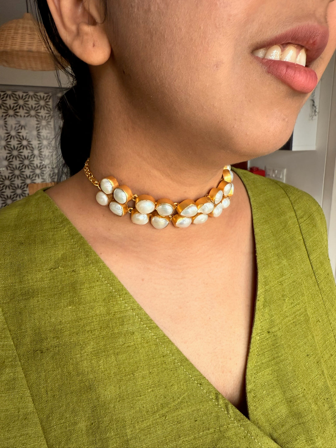 Pearl Choker Necklace | Gold Polish | Adjustable Fit