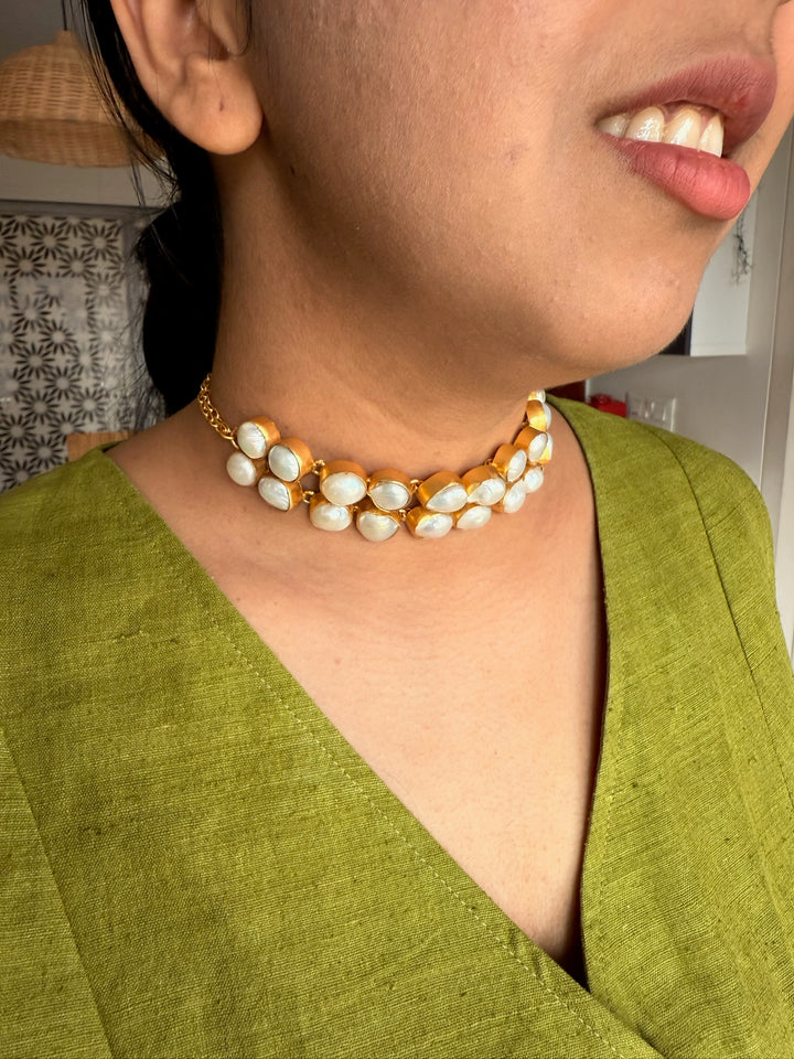 Pearl Choker Necklace | Gold Polish | Adjustable Fit