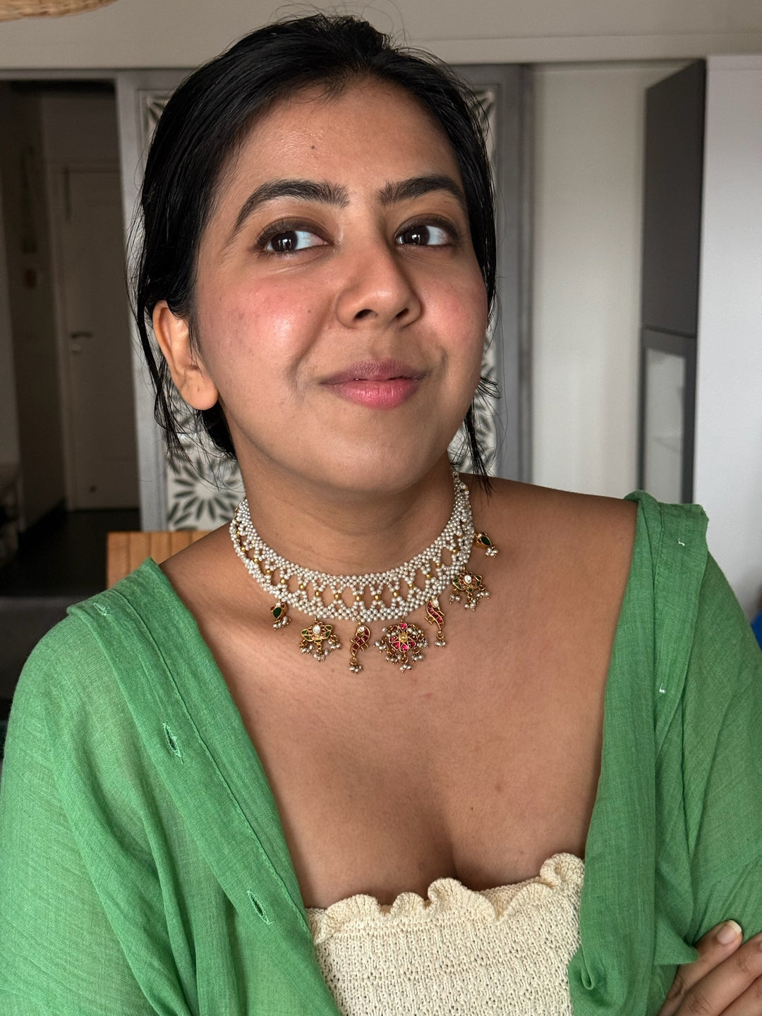 Elegant Pearl 925 Silver Jadau Kundan Necklace | SHIVKA