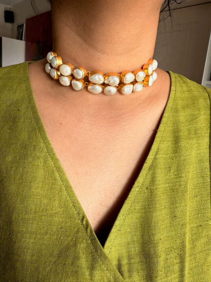 Pearl Choker Necklace | Gold Polish | Adjustable Fit