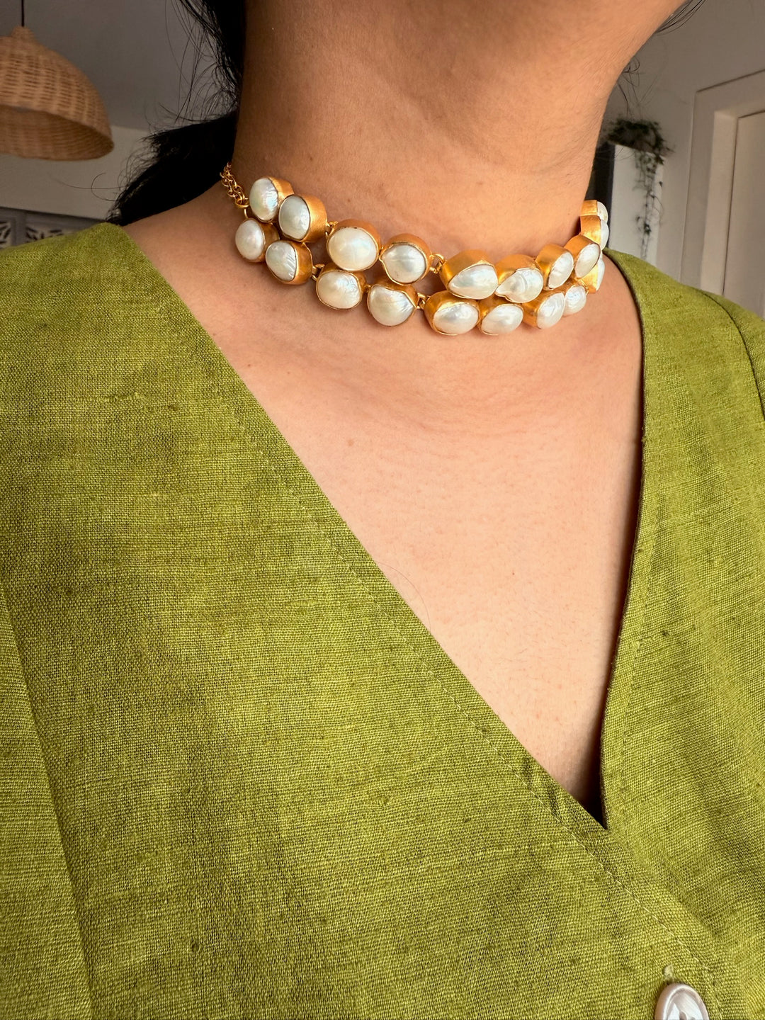 Pearl Choker Necklace | Gold Polish | Adjustable Fit