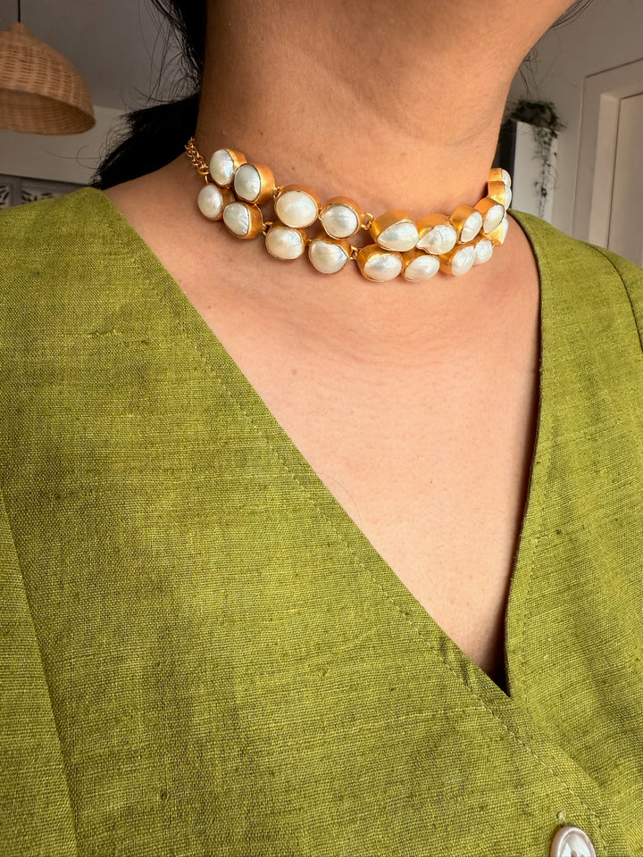 Pearl Choker Necklace | Gold Polish | Adjustable Fit