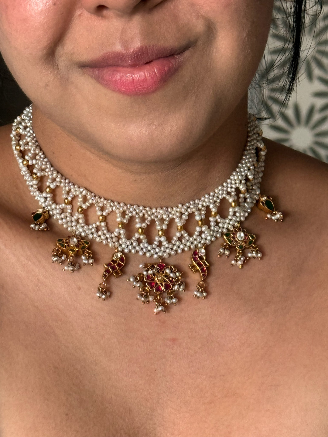 Elegant Pearl 925 Silver Jadau Kundan Necklace | SHIVKA