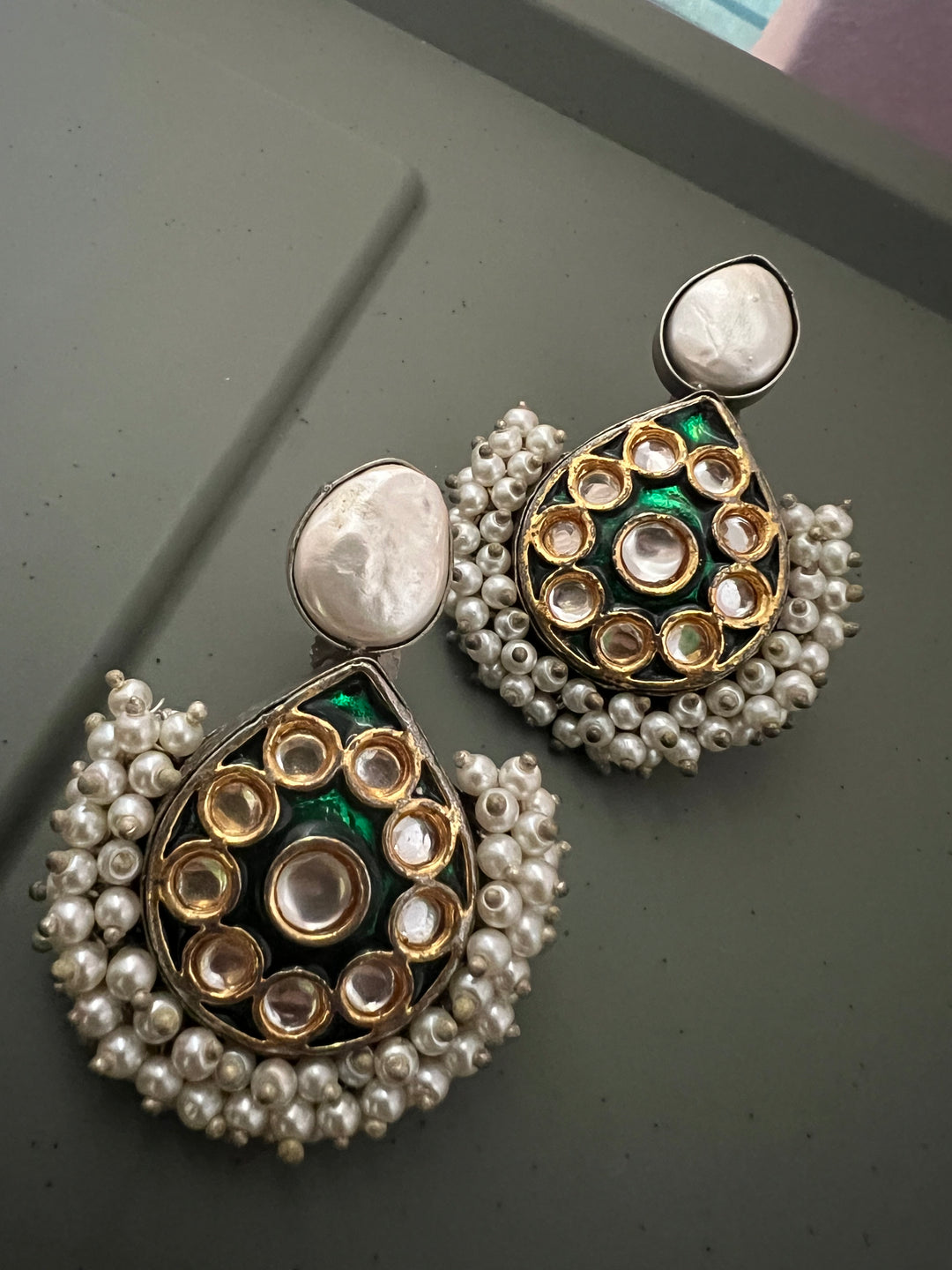 Designer Pearl & Kundan Stud Earrings | Elegant Gold Finish