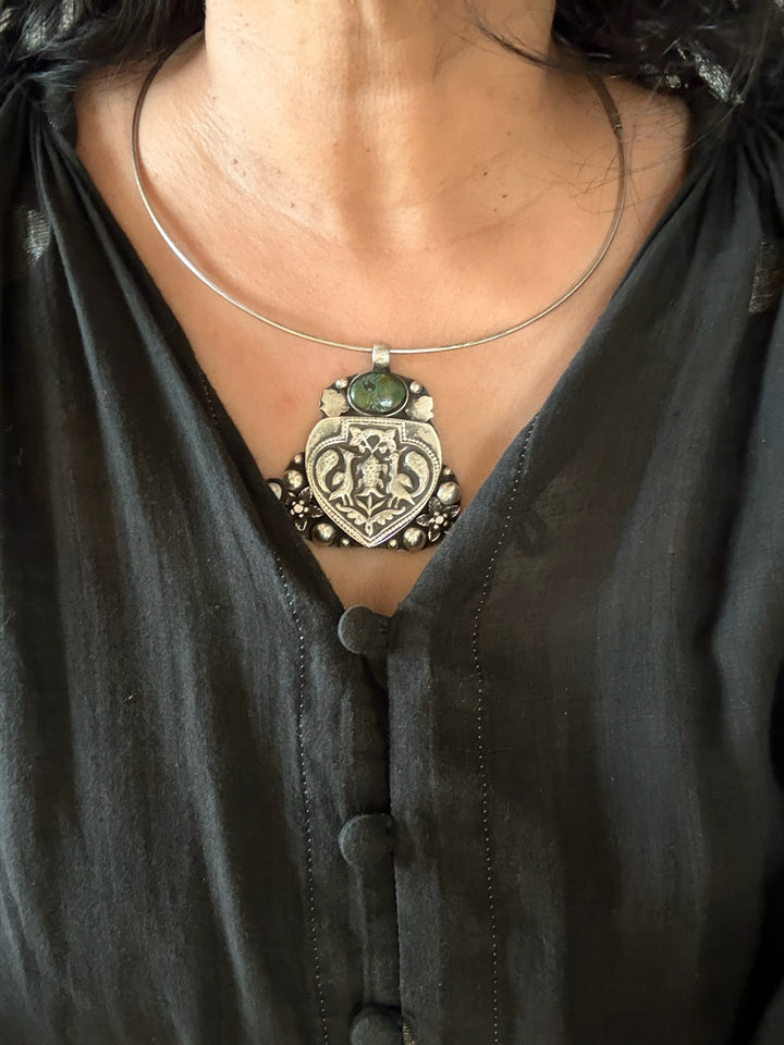 Antique Tribal 925 Silver Hasli Necklace | SHIVKA | 46g | Detachable Pendant 2.5x2 in | Natural Stone | Handmade Statement Jewelry