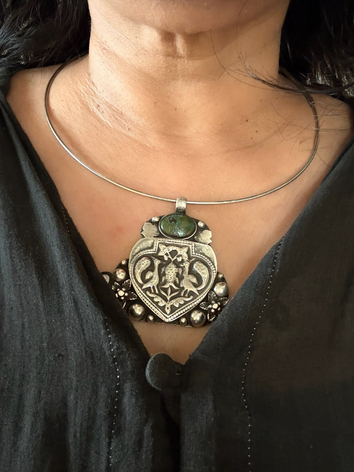 Antique Tribal 925 Silver Hasli Necklace | SHIVKA | 46g | Detachable Pendant 2.5x2 in | Natural Stone | Handmade Statement Jewelry