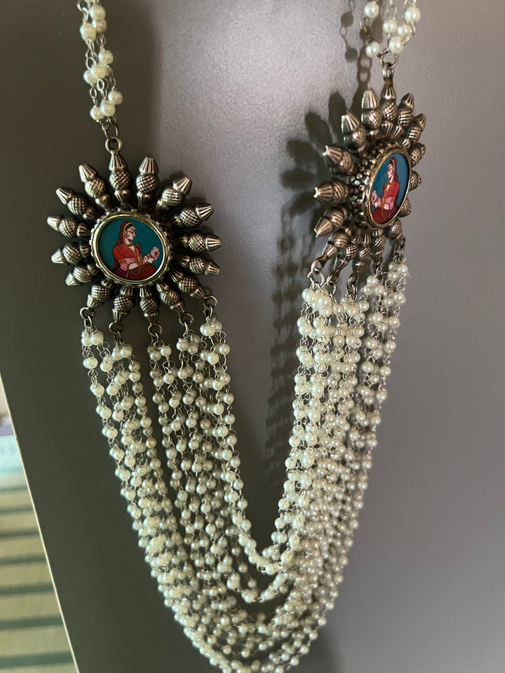 Antique Oxidized Necklace with Hand painted Brooches | Festive Elegance by SHIVKA