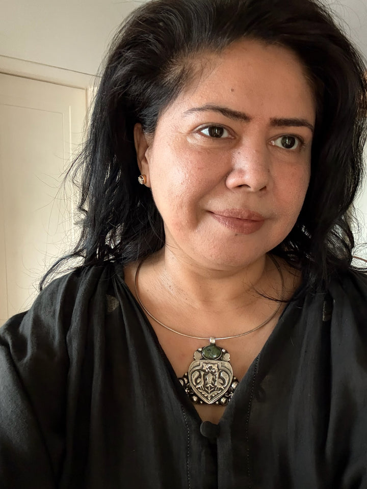 Antique Tribal 925 Silver Hasli Necklace | SHIVKA | 46g | Detachable Pendant 2.5x2 in | Natural Stone | Handmade Statement Jewelry