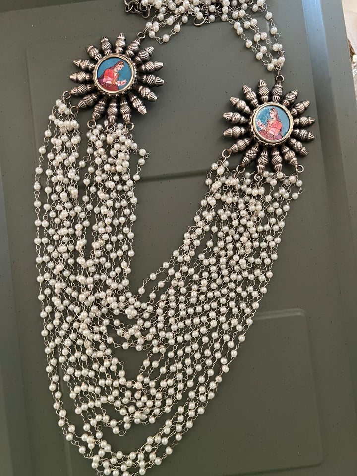 Antique Oxidized Necklace with Hand painted Brooches | Festive Elegance by SHIVKA