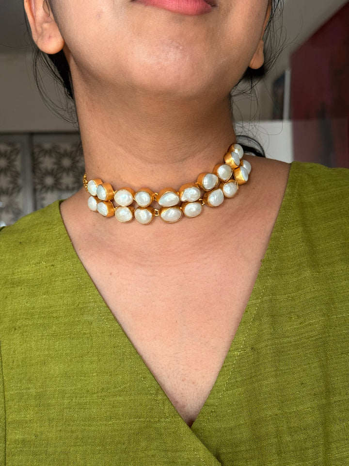 Pearl Choker Necklace | Gold Polish | Adjustable Fit