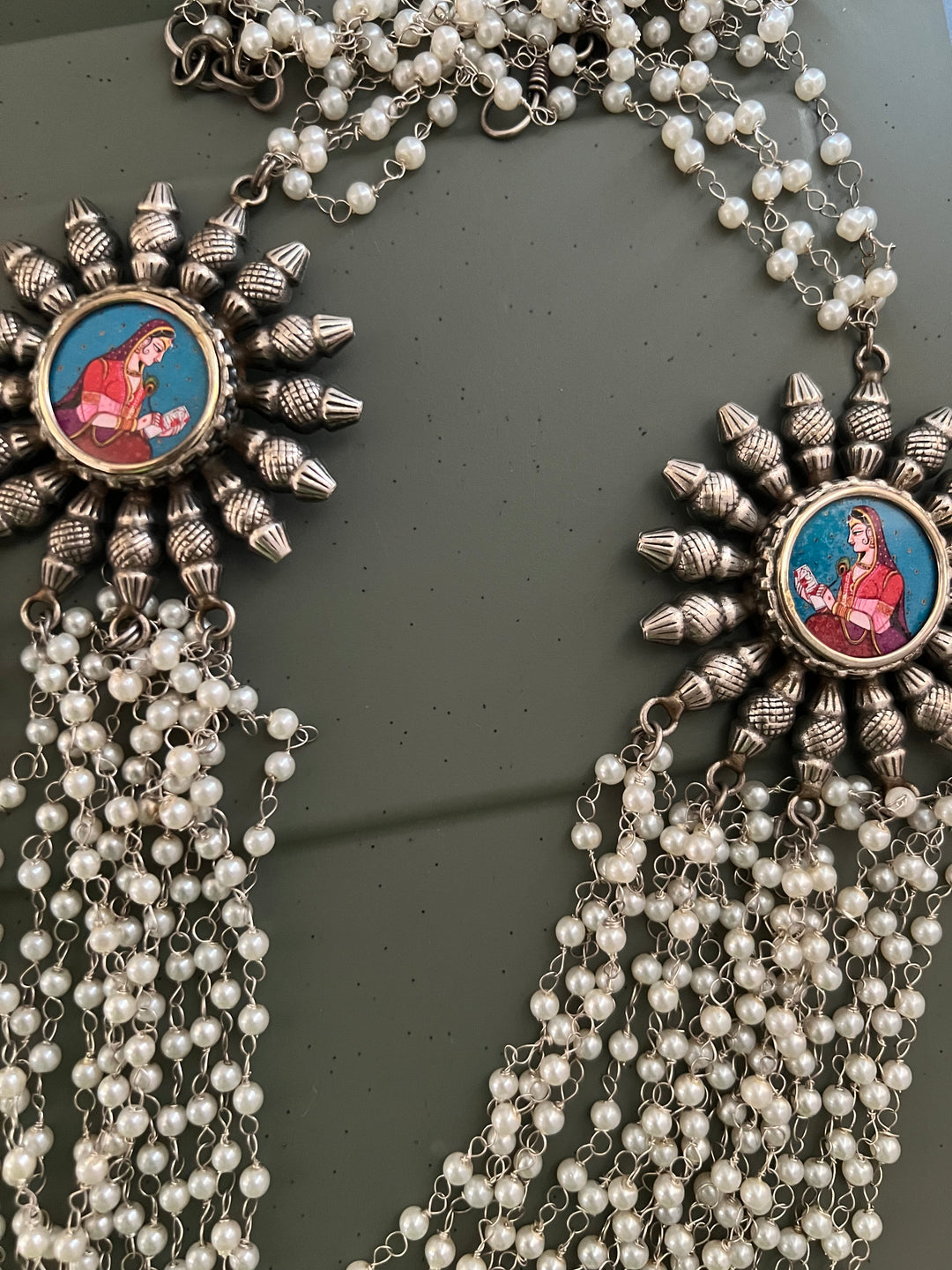 Antique Oxidized Necklace with Hand painted Brooches | Festive Elegance by SHIVKA